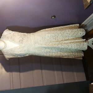 White Lace over matte cream satin sz 10 dress. Mid cafe.  DESSY COLLECTIONL